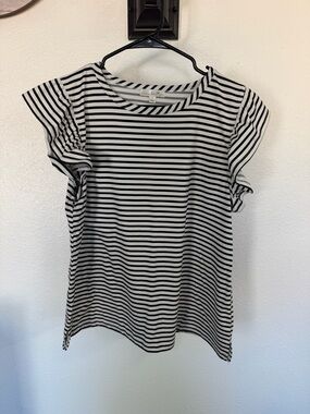 Madewell Black & White Striped Ruffle Sleeve Tee